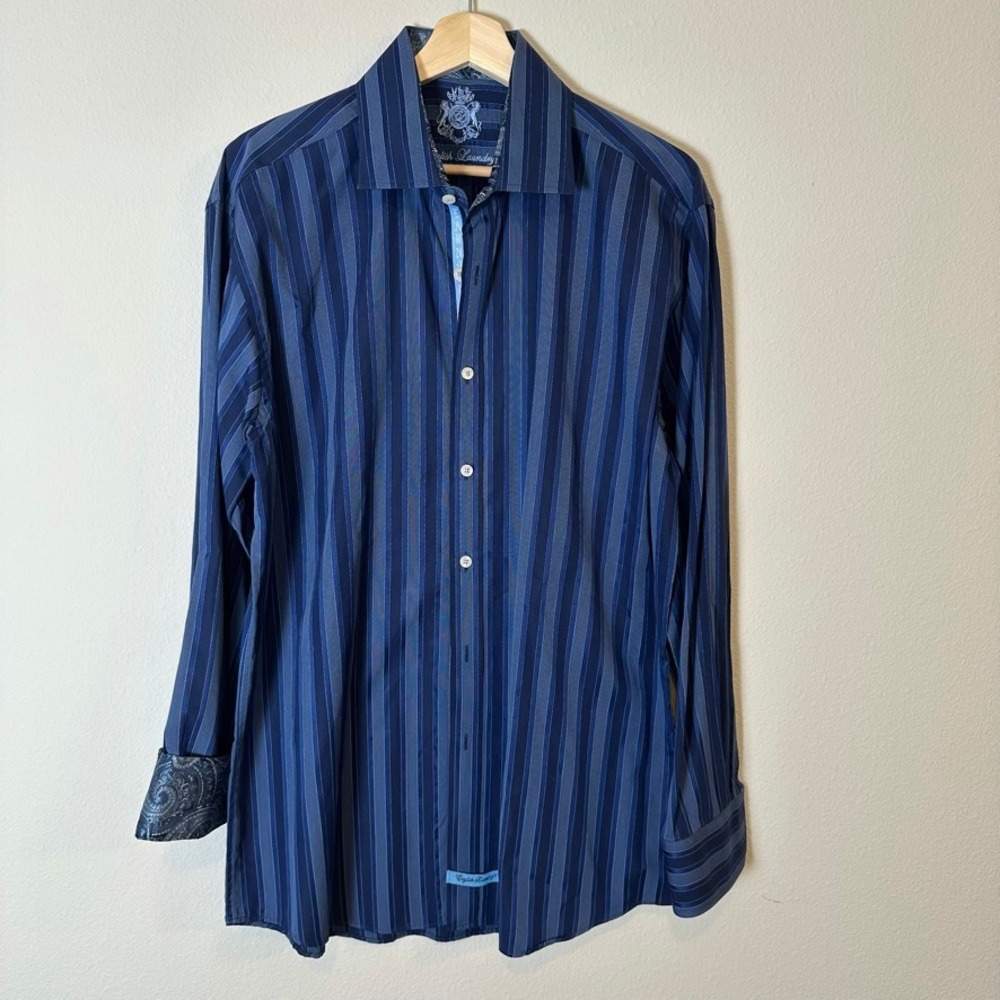 English Laundry Mens Blue Striped Button Down Shirt Paisley Trim 16.5 34/35